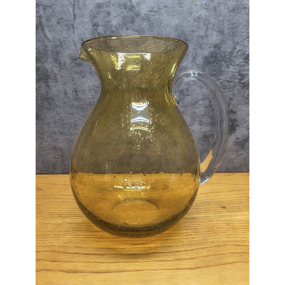Vtg Large MCM Amber Hand Blown Art Glass Amber Bubble Applied Ice Guard Handle